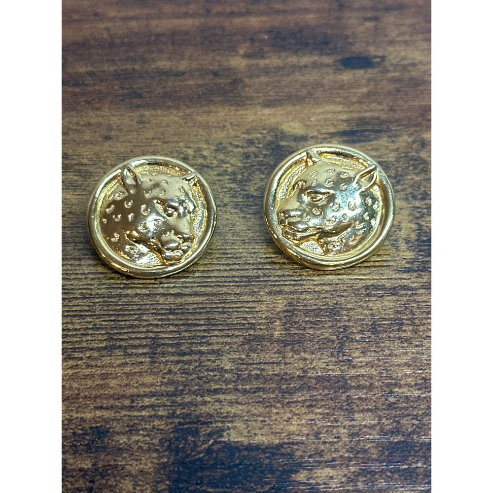 Vintage Runway Gold Plated‎ Tiger Head Pierced Earrings 1980's Animal Jewelry